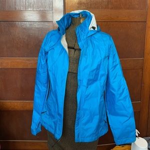 Cabelas Turquoise Rain Jacket with roll up hood